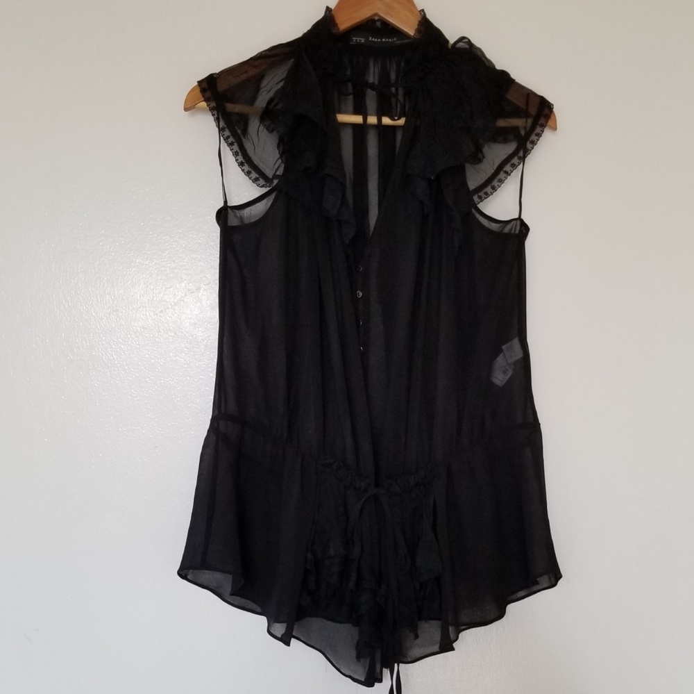 ZARA BASIC Tie Neck Sleeveless Ruffle Black Top